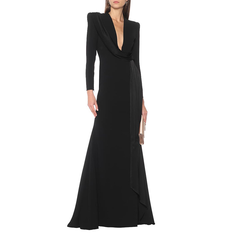 长袖晚礼服裙女高端大气性感秋冬宴会气质优雅拖尾长裙年会主持人