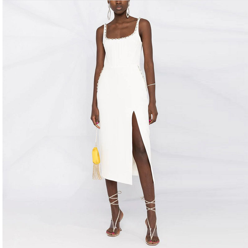 白色手工镶钻晚礼服女2025新款宴会高贵气质吊带连衣裙显瘦中长款