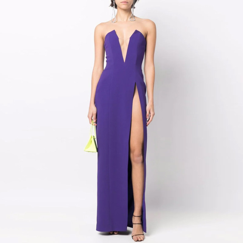 紫色晚礼服高开叉长裙2024新款高端名媛派对生日晚宴酒会连衣裙女