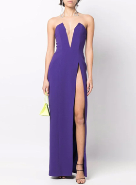 紫色晚礼服高开叉长裙2024新款高端名媛派对生日晚宴酒会连衣裙女