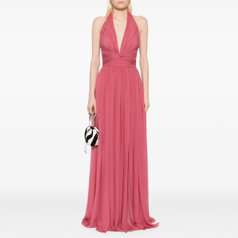 豆纱红色晚礼服性感露背挂脖长裙低胸名媛派对酒会晚宴年会连衣裙