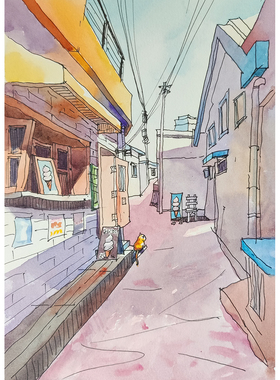 纯手绘钢笔淡彩水彩画温馨卧室挂画新居装饰送礼品二次元古镇风景