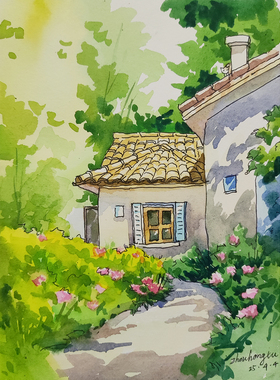 纯手绘钢笔淡彩水彩画风景画定制