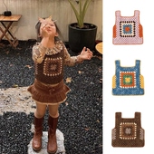 2025羊毛手织钩针背心儿童女童复古棕色针织上衣彩色复古马甲背心