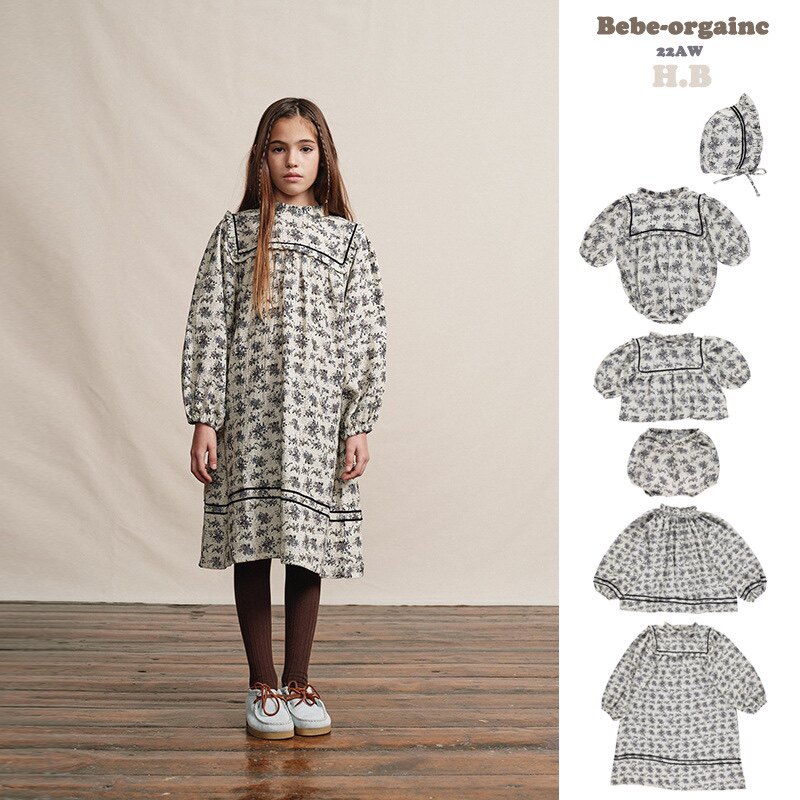 22秋冬新款童装be系列雪绒花碎花纯棉纱布长袖连衣裙套装上衣爬服