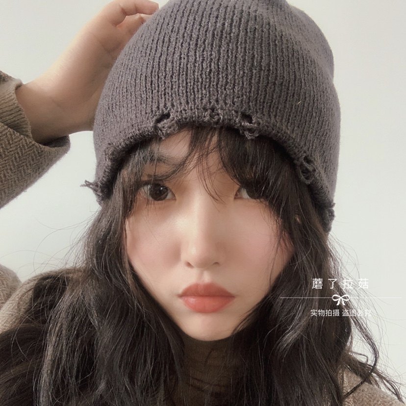 网红款破洞毛线帽乞丐帽针织帽子日系休闲纯色保暖冷帽时尚男女
