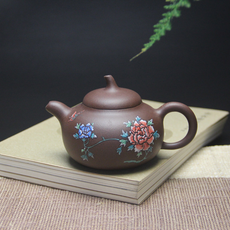 宜兴紫砂全手工彩绘茄段壶