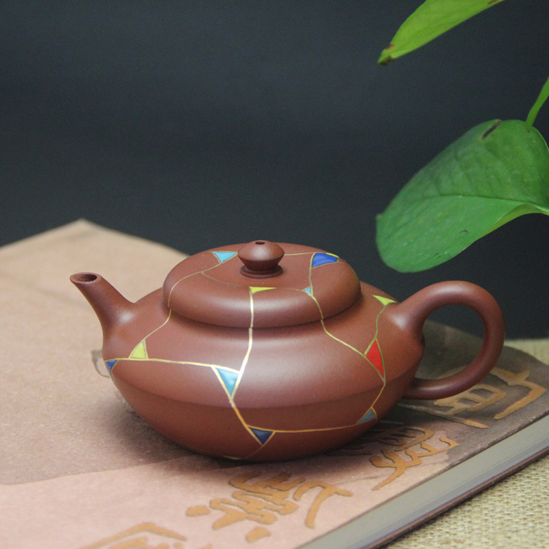 宜兴紫砂壶正品原矿小品壶彩色描金茶壶冰纹壶130CC