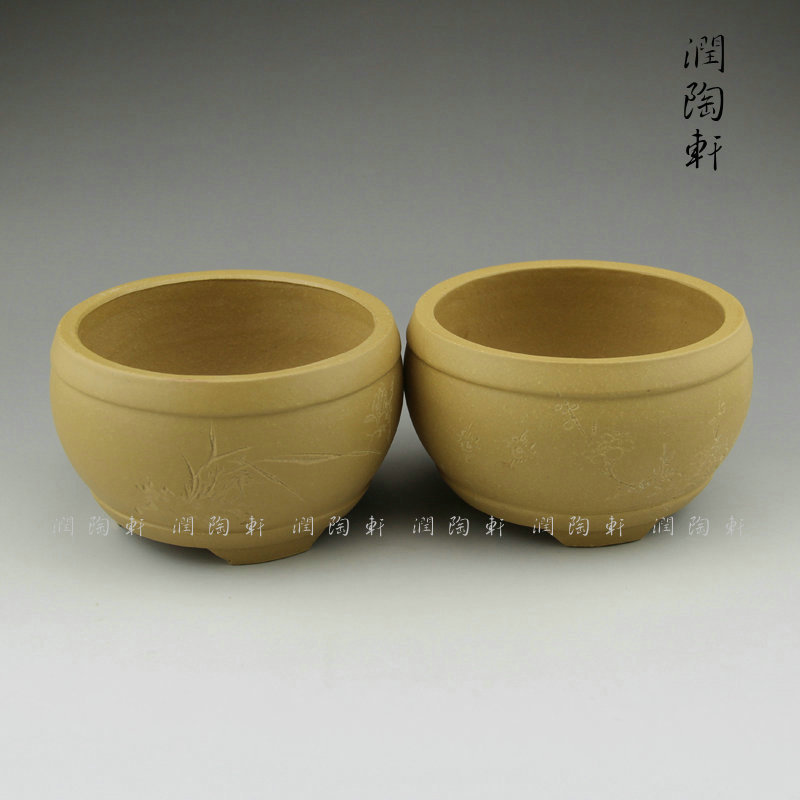 宜兴紫砂全手工陶刻兰花小盆