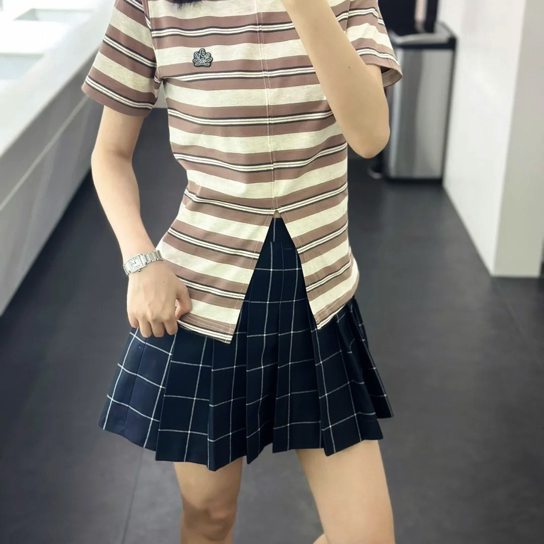 【线下299！中分开叉！】夏季复古条纹短袖女圆领纯棉刺绣t恤上衣