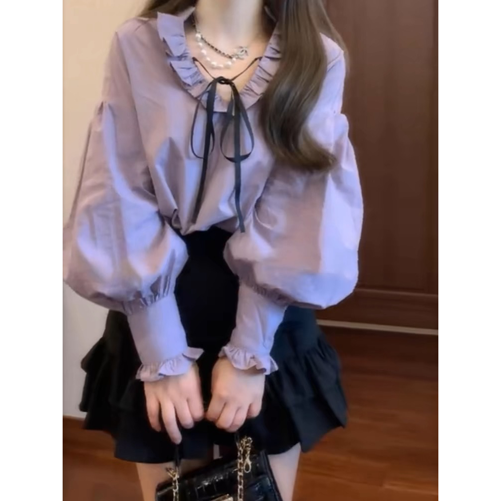 2025开春套装ootd穿搭减龄一整套紫色系带上衣短裙小个子独特漂亮