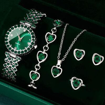 Women Fashion Watches Heart Rhinestone Ring Necklace Earring