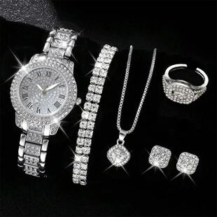 6PCS Women Watch Luxury Elegant Alloy Watch Crystal Wristwat