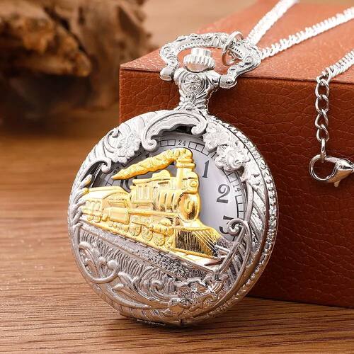Antique Steam Train Design Pocket Watch with Chain Necklace