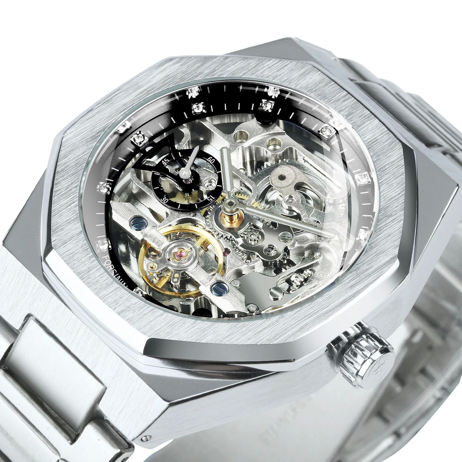 Forsining Silver Automatic Watch Men 3D Diamond Dial Irregul