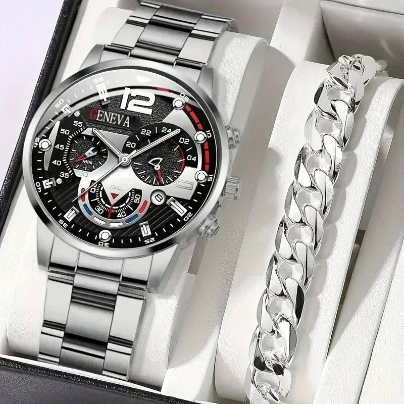 2pcs Stylish Round Face Quartz Watch Set for Men Accurate Da