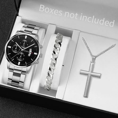 3PCS/Set Fashion Men's Stainless Steel Band Watch Casual Cal