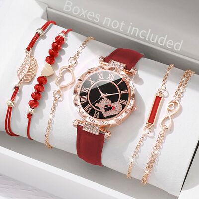 6PCS/Set Women's Watch Fashion Roma Heart Dial Leather Band