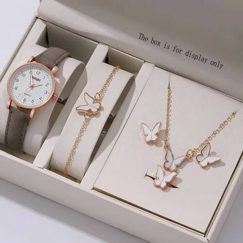 6Pcs Sets Luxury White Leather Analog Ladies Quartz Wrist Wa