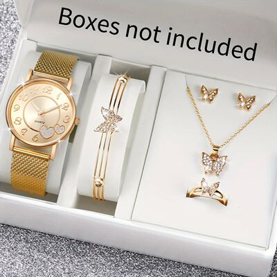6PCS/Set Fashion Heart Women's Watch Plastic Band Analog Gol