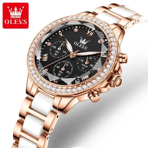 OLEVS Luxury Ceramics Quartz Watch for Ladies Chronograph Wa