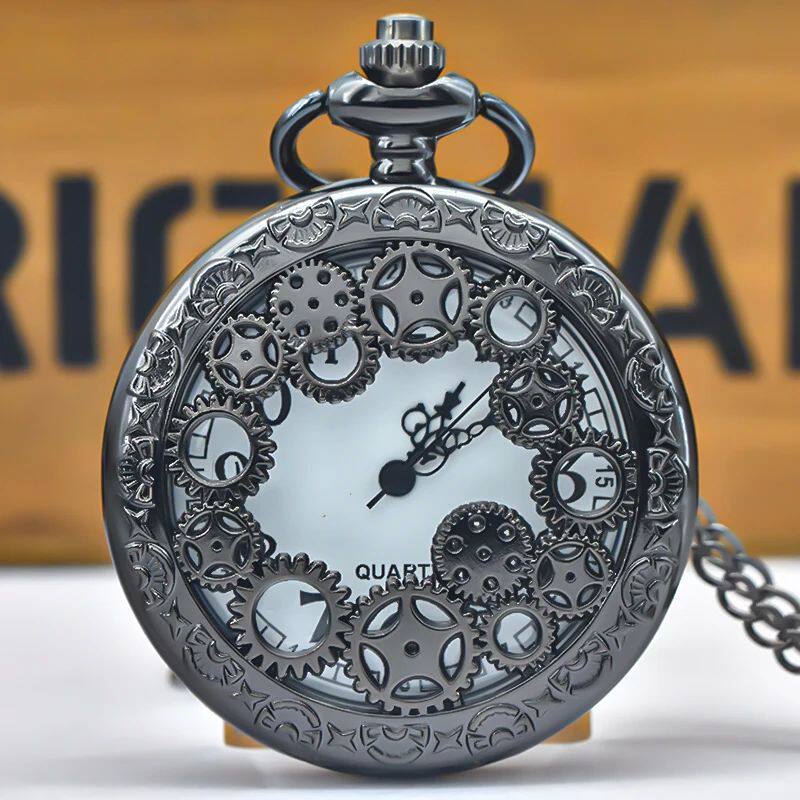Black Hollow Gear Carved Quartz Pocket Watch Necklace Pendan