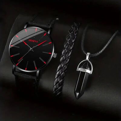 3pcs Set Fashion Mens Watches Luxury Casual Leather Quartz W