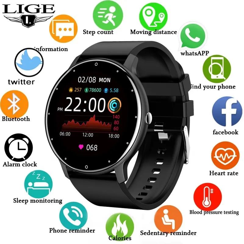 LIGE Smart Watch Men Women Full Touch Screen Sport Fitness W