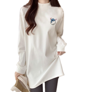 秋冬季加绒加厚半高领内搭打底衫女中长款叠穿卫衣长袖t恤上衣服