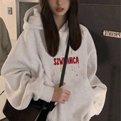 秋冬季 美式 复古灰色连帽卫衣女2025新款 加绒学院风潮牌高级感上衣