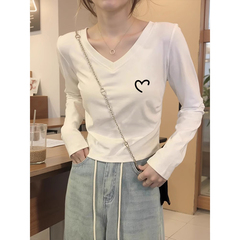 纯棉V领修身长袖T恤打底衫女秋冬季加绒收腰显瘦内搭白色短款上衣