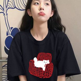 t恤女2025新款 宽松韩版 黑色纯棉短袖 夏季 上衣 慵懒松弛感大码 女装
