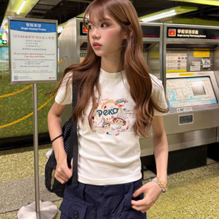 韩系独特绝美小上衣 白色正肩修身 显瘦纯棉短袖 t恤女2025新款 夏季