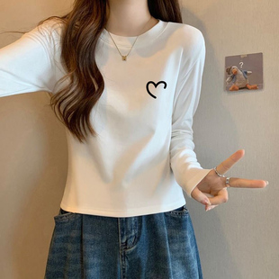 上衣 秋冬加绒洋气内搭打底衫 白色正肩圆领纯棉长袖 T恤女2025新款