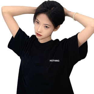 黑色纯棉短袖t恤女2025新款夏季小众设计感字母印花体恤上衣ins潮