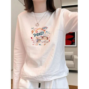 白色宽松纯棉长袖t恤女秋冬季加绒巨好看的内搭高级感打底衫上衣