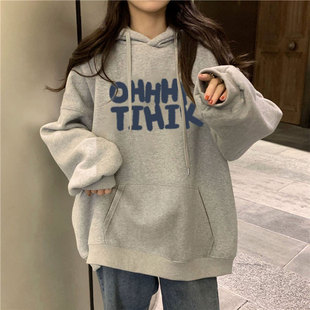 秋冬季加绒加厚灰色圆领宽松慵懒风女士卫衣2026新款巨好看的上衣
