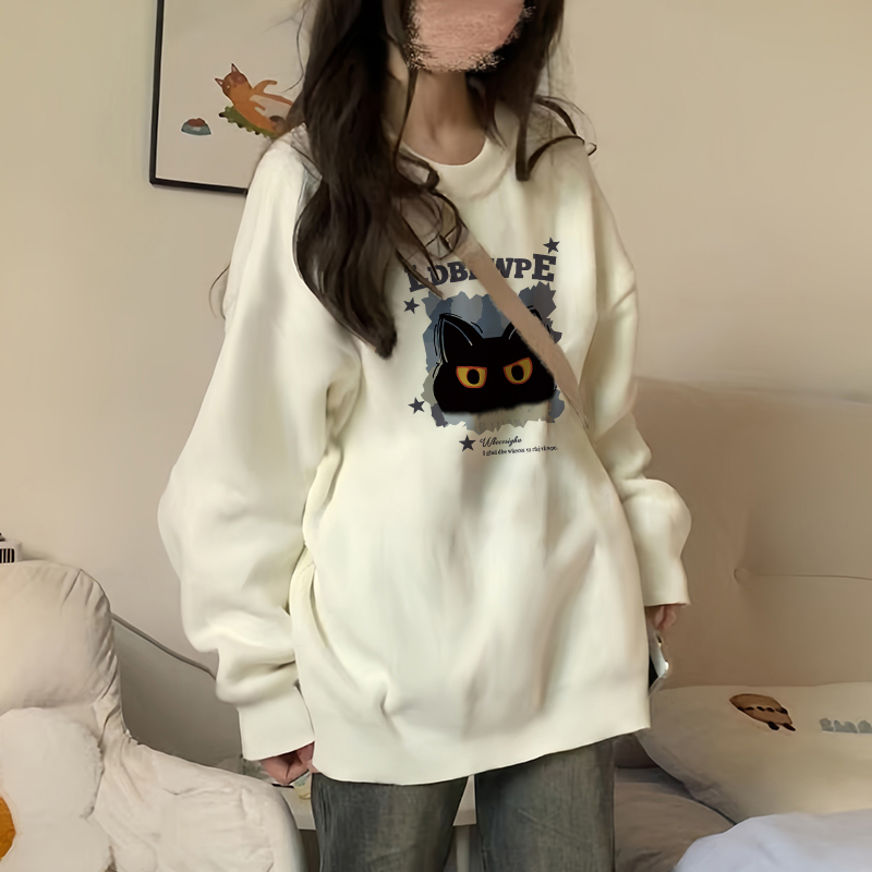 美式慵懒chic杏色圆领卫衣女上衣
