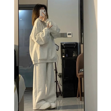 美式复古慵懒风宽松灰色连帽卫衣女2025新款爆款秋冬季加绒上衣服