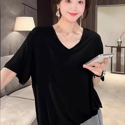 黑色v领纯棉短袖t恤女装2025新款夏季时尚洋气时髦轻奢高级感上衣