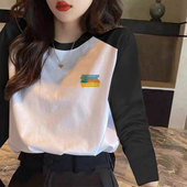 纯棉打底衫 t恤上衣 洋气时髦撞色插肩长袖 女2025早春新款 欧货时尚