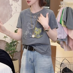 高级小众不撞衫 韩系灰色圆领纯棉短袖 爆款 t恤女2025新款 上衣 夏季