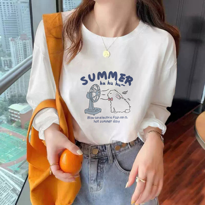 白色圆领纯棉长袖t恤女春秋上衣