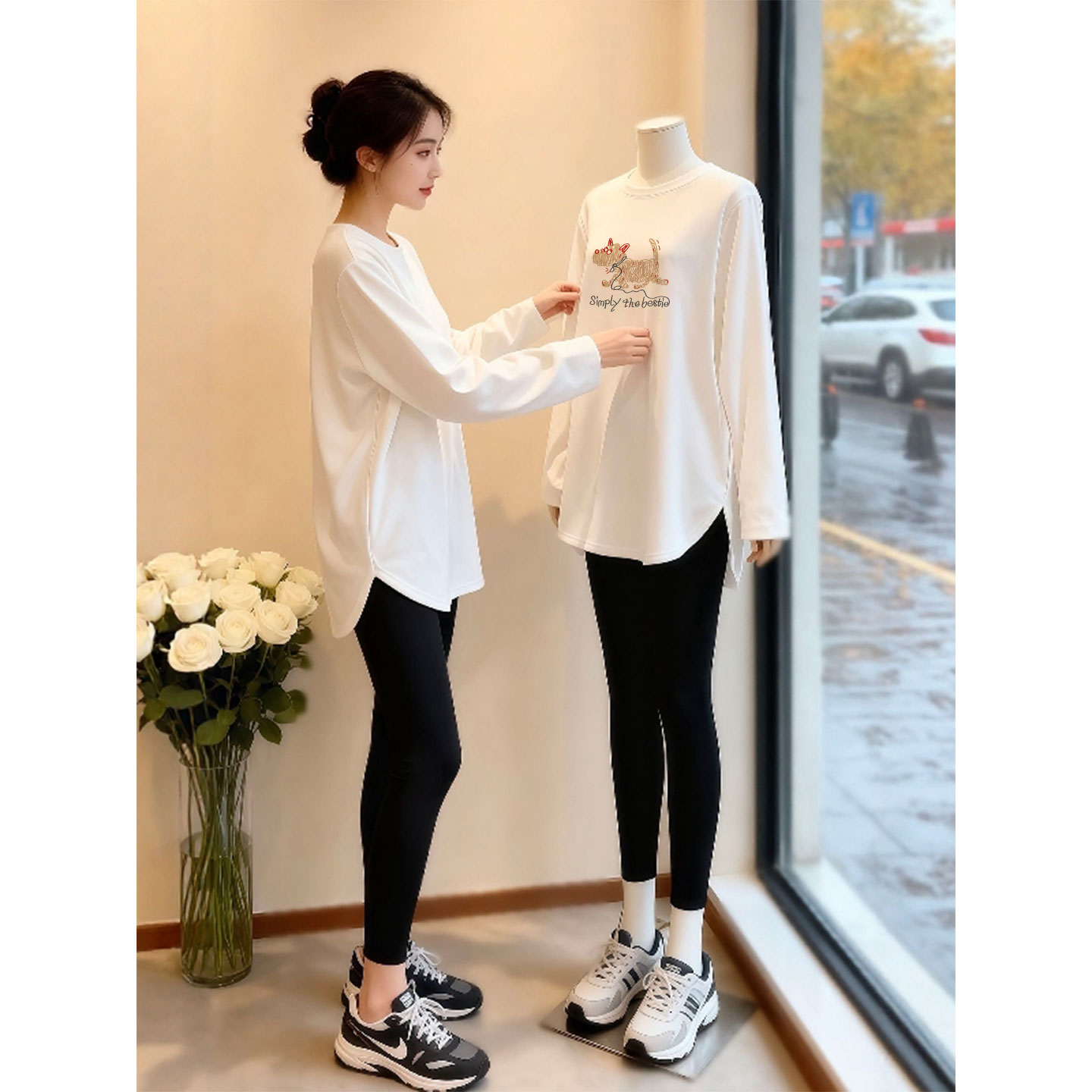 白色纯棉长袖t恤女秋冬德绒保暖内搭打底衫中长款遮屁股洋气上衣