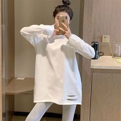 白色内搭打底衫女2025新款秋冬季破洞加绒长袖t恤女装上衣可外穿
