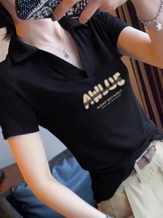 t恤女装 爆款 黑色纯棉短袖 2025新款 显瘦潮牌上衣服 夏季 polo领修身