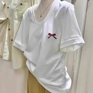 清纯系夏日正肩独特漂亮小上衣 夏季 白色纯棉短袖 t恤女装 2025新款