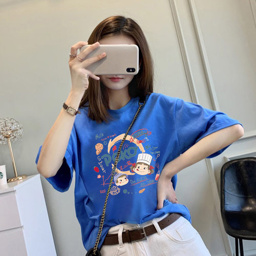 日系复古克莱因蓝纯棉短袖t恤女