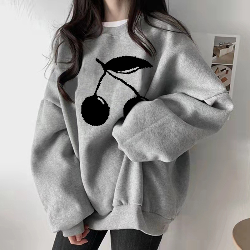 美式灰色圆领卫衣女秋冬加绒上衣