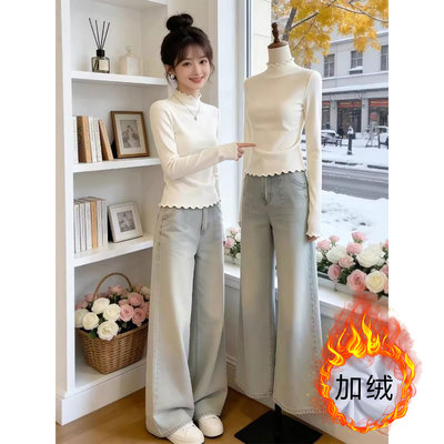 秋冬季德绒保暖内搭木耳边半高领打底衫女白色修身长袖t恤上衣服